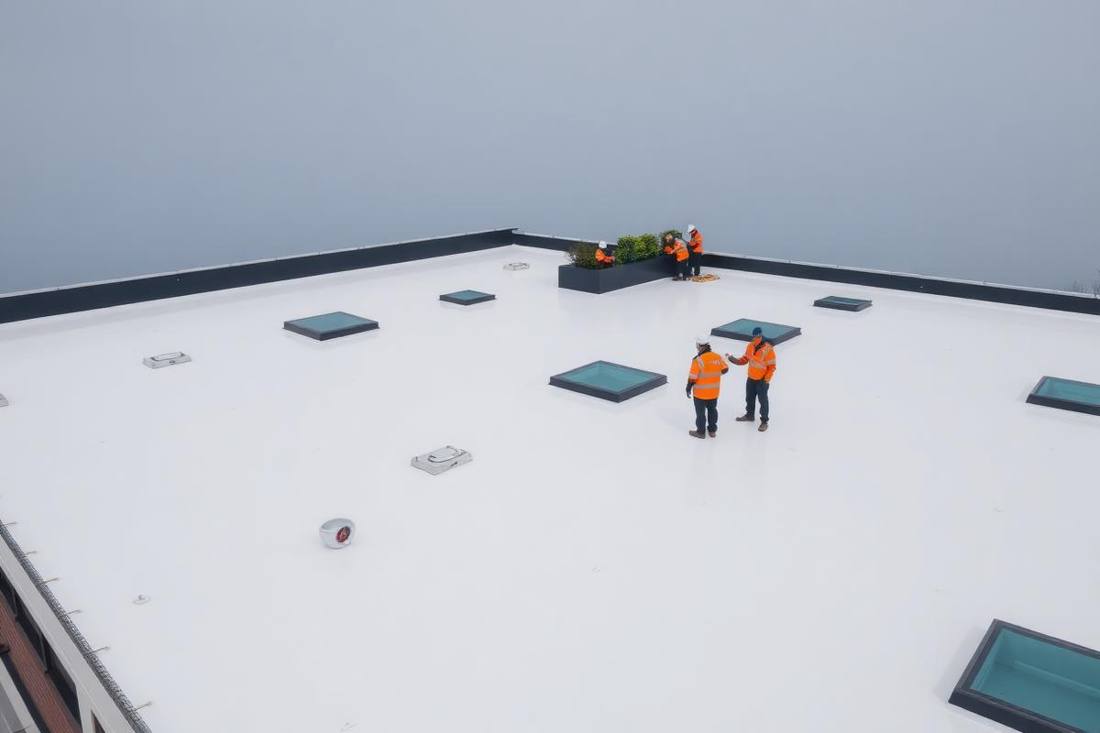 Industrial warehouse roof with single-ply membrane and skylights