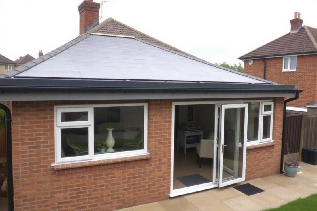 Domestic flat roof extension with GRP fibreglass covering